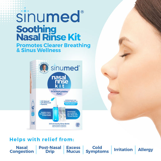 SinuMed Sinus Rinse, 20PK Nasal Rinse Packets with NAC and Saline, Gravity Rinse Bottle